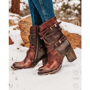 Freebird‎ BAKER Boots Womens 6 Wine Multi Leather Buckle Strappy Distressed Rare